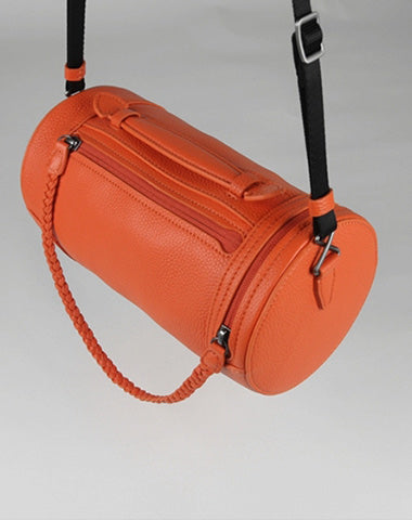 Cute Womens Orange Leather Bucket Shoulder Purse Barrel Crossbody Bag Purse for Ladies