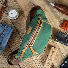 Green Canvas Leather Mens Chest Bag Waist Bag Fanny Pack Bum Pack For Men