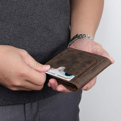 Dark Brown Small MENS LEATHER Bifold Wallet Card Brown billfold Wallet FOR MEN