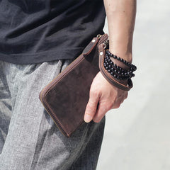 Vintage Dark Brown Leather Mens Phone Wallet Clutch Bag Wristlet Bag Zipper Long Wallet For Men