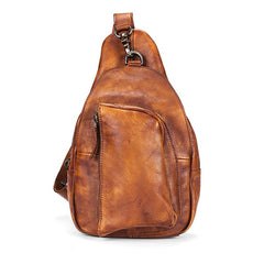 Cool Brown MENS LEATHER Sling Bag Chest Bag Coffee One Shoulder Backpack For Men