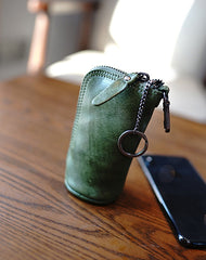 Vintage Women Blue Leather Zip Key Wallet Car Key Holder Coin Wallet Coin Pouch Change Wallet For Women