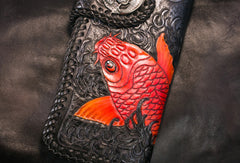 Handmade Leather Long Black Biker Wallet Trucker Wallet Leather Chain Men Red Carp Tooled Wallet - EverHandmade
