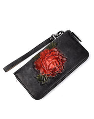 Womens Leather Zip Around Wallet Peony Flower Wristlet Wallet Floral Ladies Zipper Clutch Wallet for Women