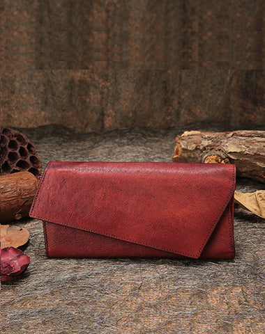 Red Womens Vintage Leather Trifold Long Wallet Geometry Clutch Long Wallet for Ladies