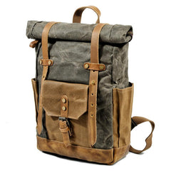 Cool Canvas Leather Mens Large Waterproof Travel Backpack Green Computer Hiking Backpack for Men