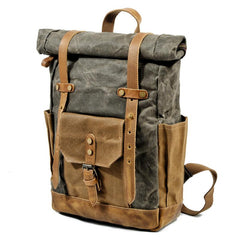 Cool Canvas Leather Mens Large Waterproof Travel Backpack Green Computer Hiking Backpack for Men
