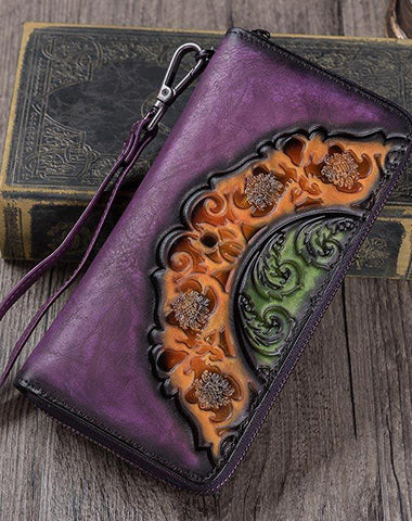 Vintage Floral Purple Leather Wristlet Wallets Womens Zip Around Wallet Floral Ladies Zipper Clutch Wallets for Women