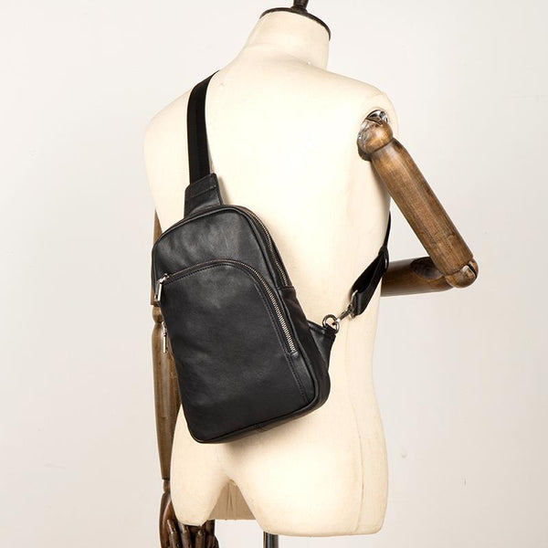 Black Leather Mens Cool Sling Bag Sling - Back View