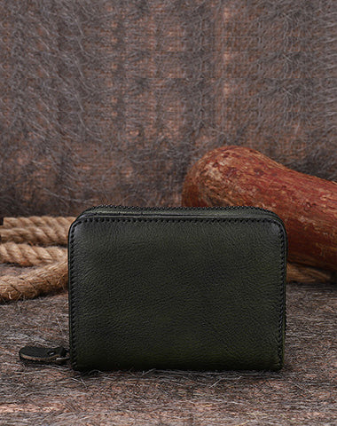 Vintage Women Green Leather Small Wallet with Zip Around Card Holders Bifold Small Wallet Billfold For Women