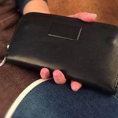 Genuine Leather Mens Cool Long Leather Wallet Zipper Clutch Wristlet Wallet for Men