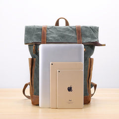 Waxed Canvas Leather Mens 17‘’ Lake Green Backpack Khaki Travel Backpack Dark Gray Hiking Backpack for Men
