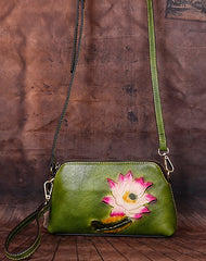 Womens Lotus Flower Coffee Leather Wristlet Wallets Shoulder Bag Small Crossbody Bag for Women