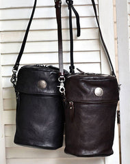 Womens Black Leather Bucket Crossbody Bag Purse Vintage Handmade Round Barrel Shoulder Bag for Women