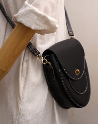 Cute Black LEATHER Saddle Side Bag WOMEN SHOULDER BAG Crossbody Saddle Purse FOR WOMEN