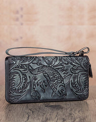 Floral Carp Gray Leather Wristlet Wallets Womens Zip Around Wallet Floral Ladies Zipper Clutch Wallets for Women