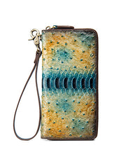 Womens Yellow&Coffee Leather Zip Around Wallets Ostrich Pattern Wristlet Wallets Ladies Zipper Clutch Wallet for Women