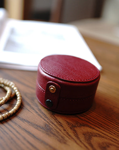 Cute Women Red Leather Round Coin Wallet Box Small Portable Jewelry Storage Box For Women