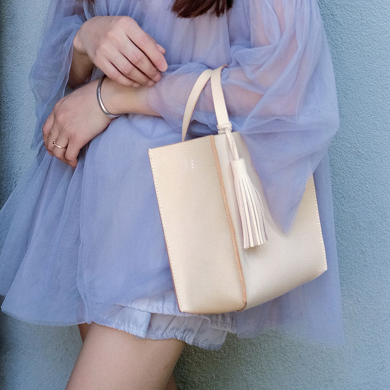 Handmade Leather Small Beige Womens Tote Shoulder Bag Handbag Purse Tassels for Women