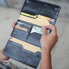 Fashion Leather Men's Trifold Long Wallet Black Gray Long Wallet For Men