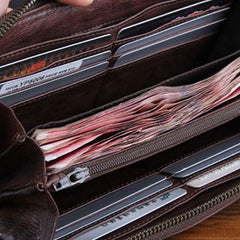 Genuine Leather Mens Cool Long Leather Wallet Zipper Clutch Wristlet Wallet for Men