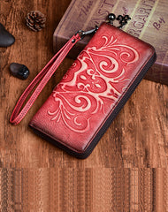 Handmade Womens Floral Red Leather Zip Around Wallet Wristlet Wallet Floral Ladies Zipper Clutch Wallet for Women
