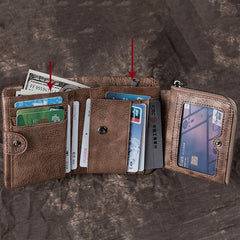 Cool Leather Brown Men's Zipper Blue billfold Small Wallet Trifold Wallet Card Wallet For Men