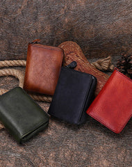 Small Red Leather Bifold Wallet Vintage Billfold - Card Slots Detail