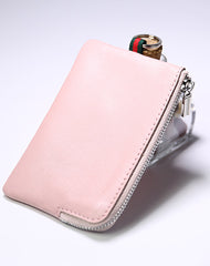 Slim Women Black Leather Zip Wallet with Keychains Billfold Minimalist Coin Wallet Small Zip Change Wallet For Women