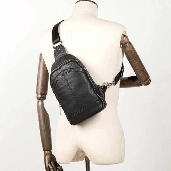 Black Leather Mens Cool Sling Bag Sling - Back View