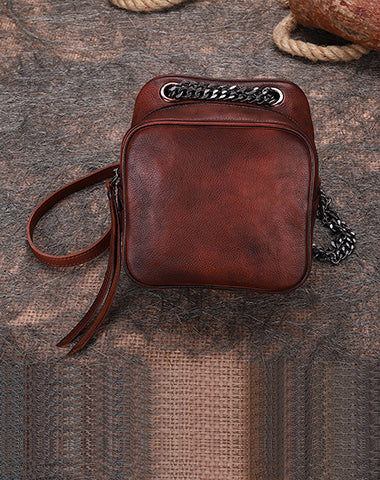 Womens Brown Leather Cube Small Side Bag Mini Shoulder Bag Best Square Crossbody Purse for Ladies