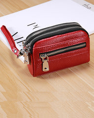 Small Womens Leather Red Double Zip Wallet Mini Wallet with Coin Pocket Zip Wallet for Ladies