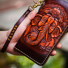 Handmade Leather Tooled Ganesh Mens Chain Biker Wallets Cool Leather Wallet Zipper Long Wallets for Men