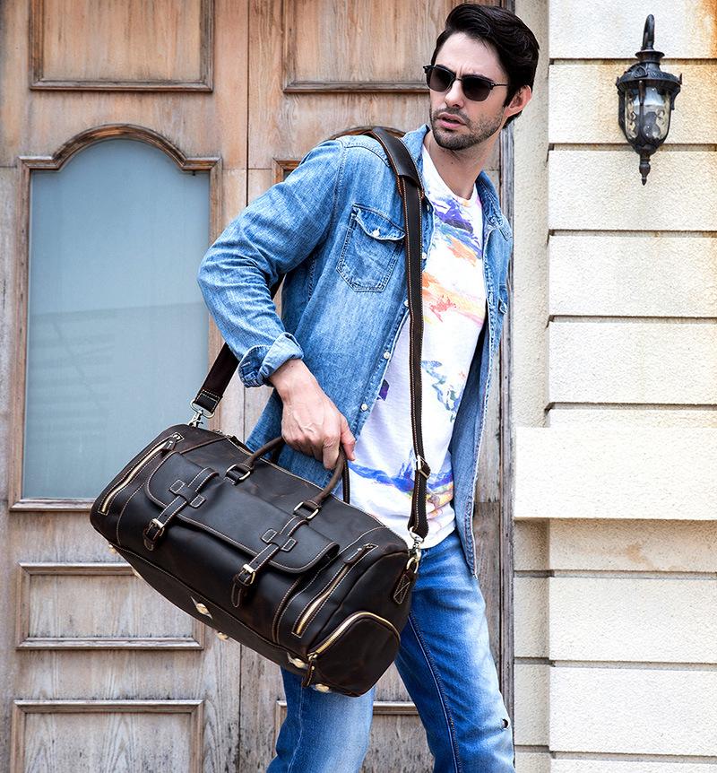 Cool Brown Leather Men's Overnight Bag Travel Bag Luggage Weekender Bag For Men