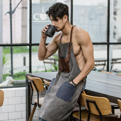 Vintage Canvas Leather Mens Womens Gray Craftsman Apron Cafe Staff Apron Work Apron for Men