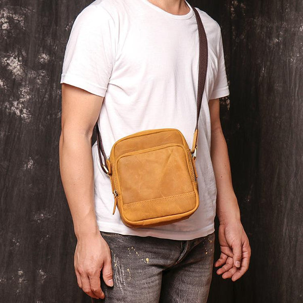 Tan LEATHER MENS Small Vertical SIDE BAG - Back View