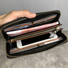 Genuine Leather Mens Cool Long Leather Wallet Zipper Clutch Wristlet Wallet for Men