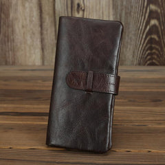 Black Leather Men's Bifold Long Wallet with Coin Pocket Billfold Wallet Card Wallet For Men