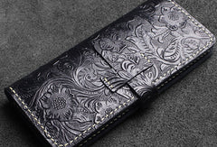 Handmade long leather wallet floral leather clutch wallet for women men zip - EverHandmade
