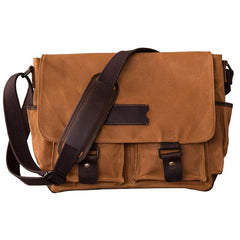 Canvas Leather Mens Large Brown Side Bag 14'' Khaki Messenger Bag Brown Postman Bag For Men
