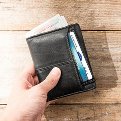 Black Cool Leather Mens Slim Small Wallets Bifold Vintage billfold Wallet Card Wallet for Men