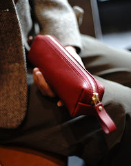 Vintage Women Red Leather Zipper Pencil Pouch Cosmetic Case Makeup Bag Wallet For Women