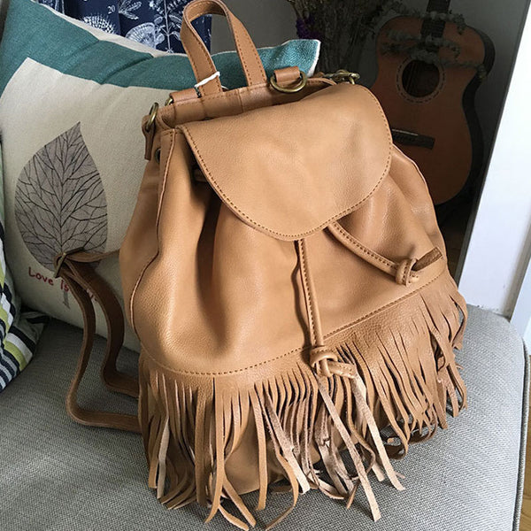 Vintage LEATHER WOMEN Tassels Backpack School Backpacks Tassels Travel Backpack APL04491034