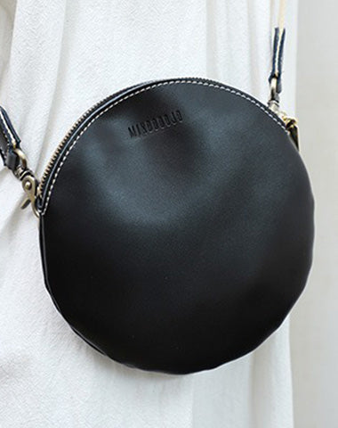 Cute Round LEATHER Small Side Bag Black WOMEN Circle SHOULDER BAG Small Crossbody Purse FOR WOMEN