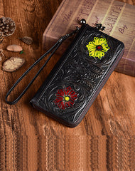 Womens Flower Black Leather Wristlet Wallets Zip Around Wallet Floral Ladies Zipper Clutch Wallet for Women