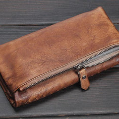 Handmade Leather Mens Cool Long Leather Wallet Trifold Clutch Wallet for Men