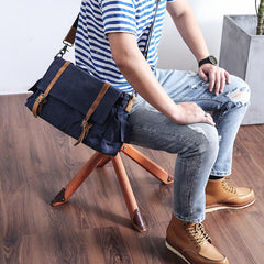 Waxed Canvas Leather Mens Waterproof 10'' Side Bag Courier Bag Blue Messenger Bag For Men