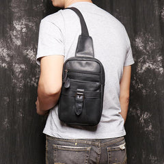 Black Leather Sling Backpack Sling Bag Chest Bag One shoulder Backpack Black Sling Pack For Men