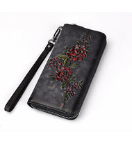 Womens Flowers Leather Zip Around Wallet Wristlet Wallet Floral Ladies Zipper Clutch Wallet for Women