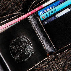 Handmade Leather Chinese Black&White Tooled Mens Small Wallet Cool Leather Wallet billfold Wallet for Men